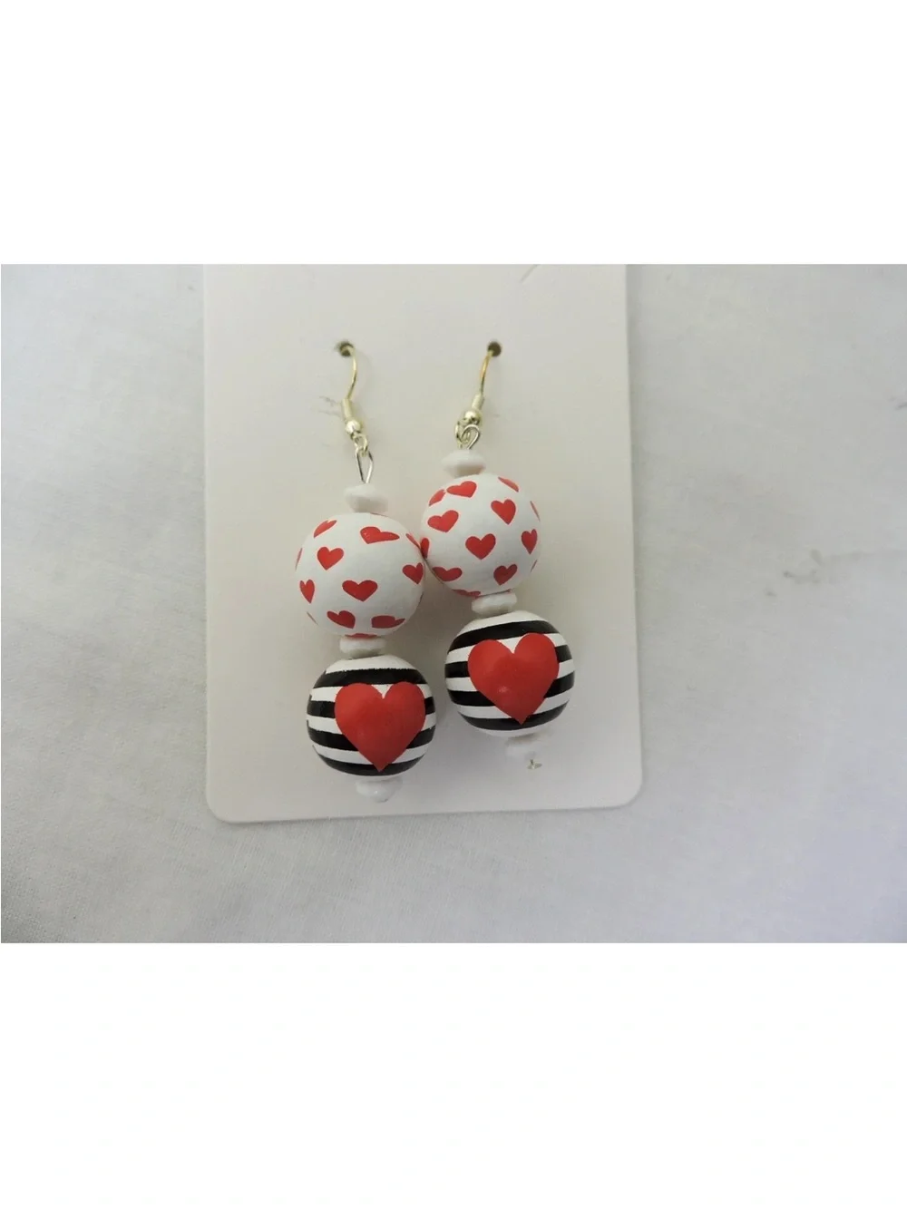 Hand Crafted Red and White Heart Drop Earrings